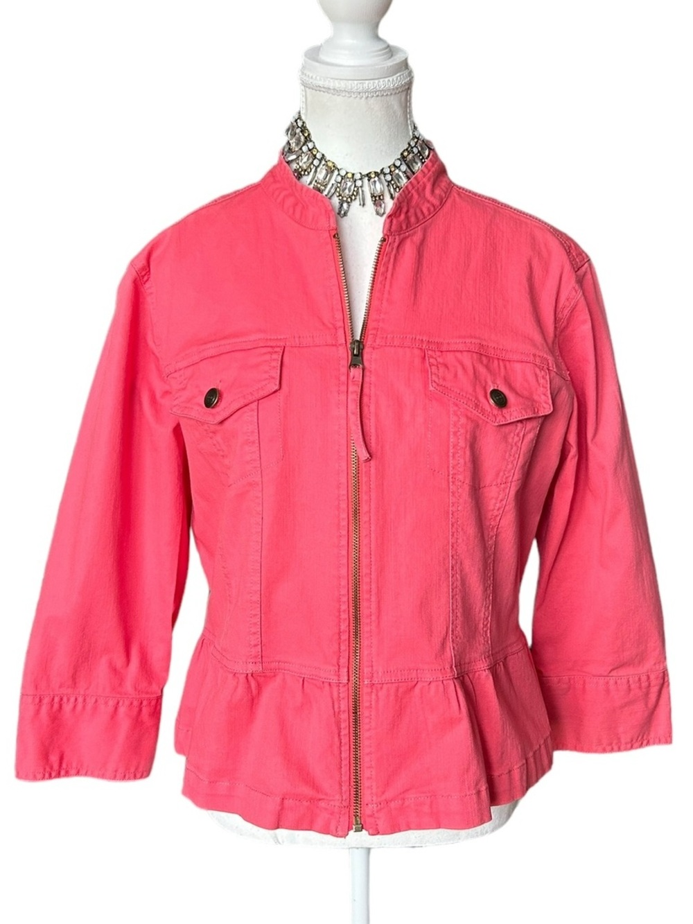 Ruby Rd Women's Coral Zip-Front Peplum Denim Style Cropped Jacket